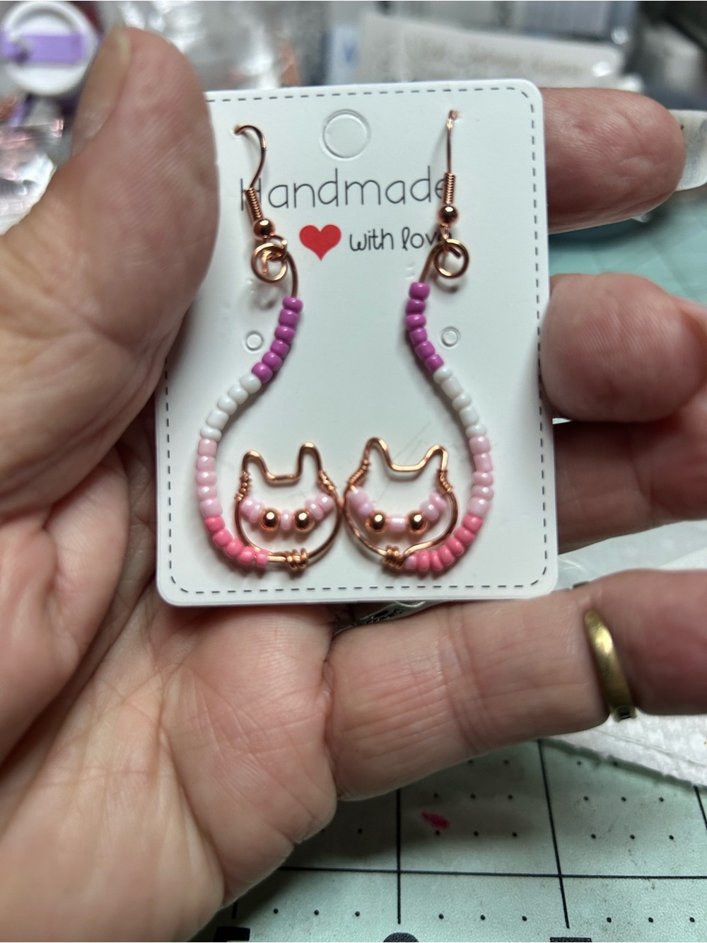 Handmade Cat Hoop Bead Earrings - Pink